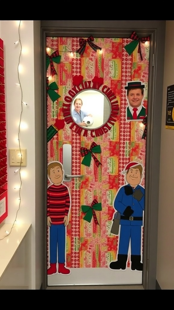 A Christmas-decorated office door inspired by Home Alone, featuring colorful decorations and lights.